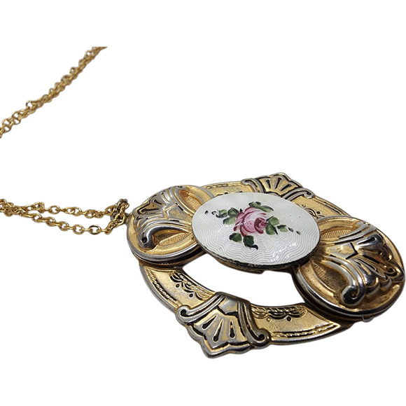 Antique Guilloche Enamel Rose 2 Photo Locket rotating Pendant early 1900s rare - Picture 3 of 13